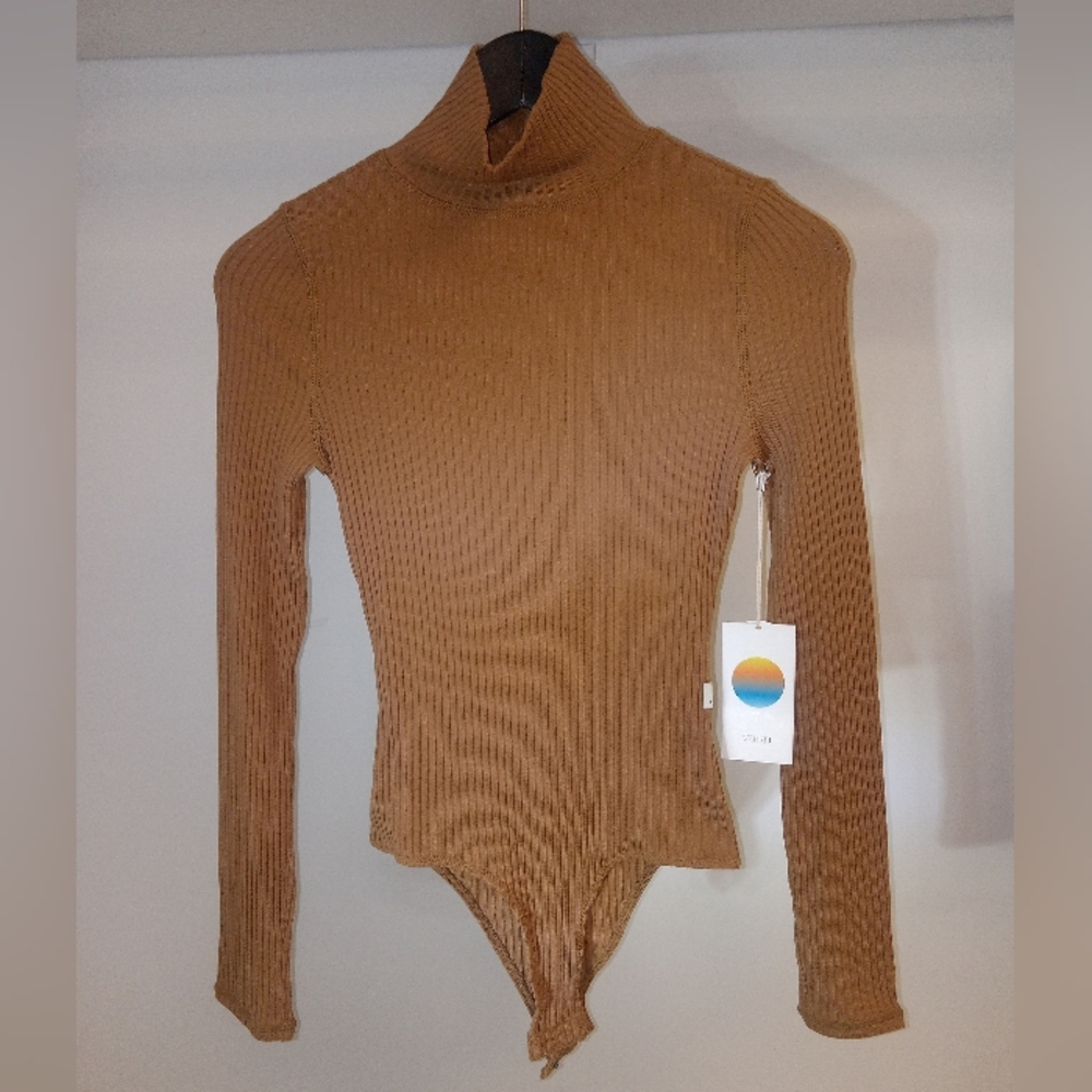 Vuori Women's Ribbed Turtleneck Bodysuit in Tan